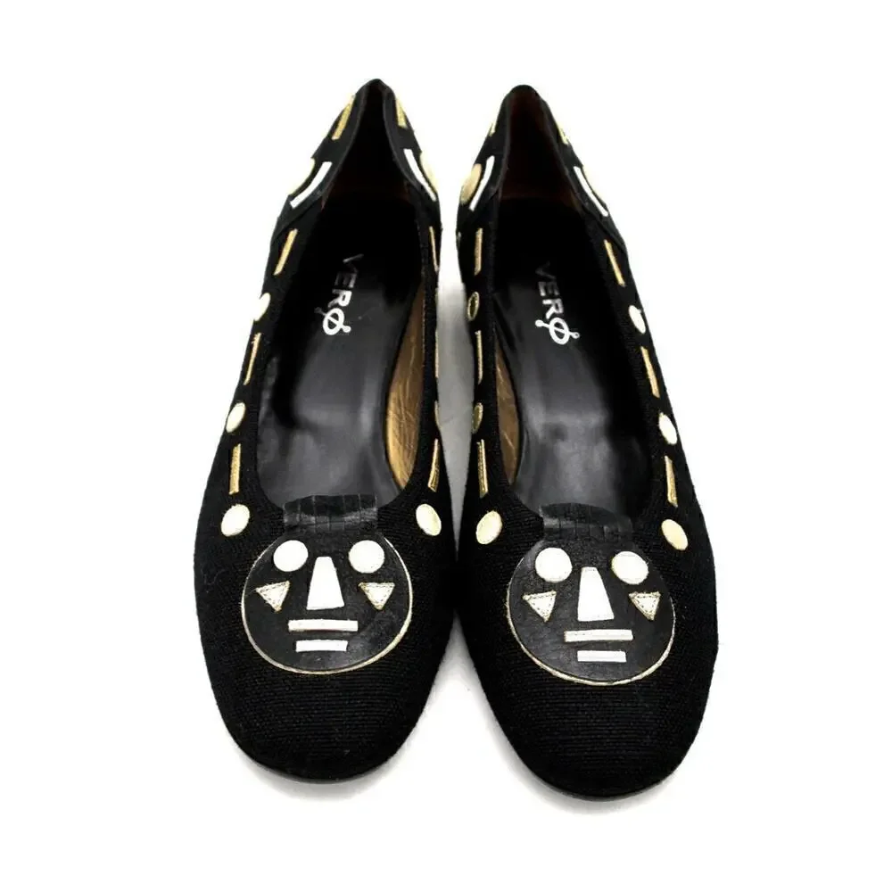 Vero Ve Black Linen Low Heel Pumps Gold & Silver Leather 11 M Aboriginal Face